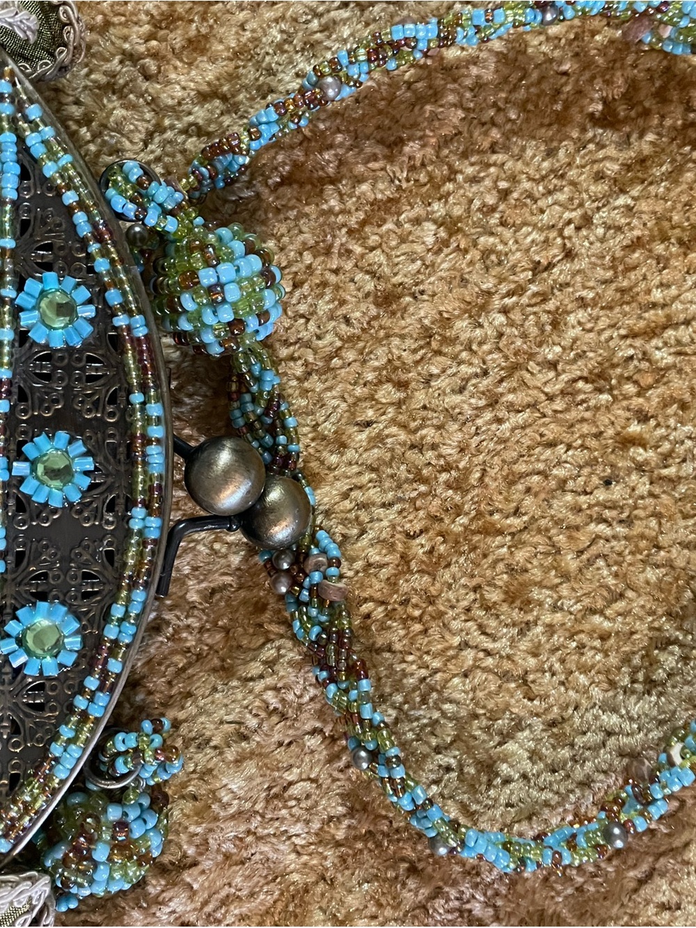 Mary Frances Olive Green and Turquoise Beaded Floral Evening Clutch excellent - Picture 7 of 9